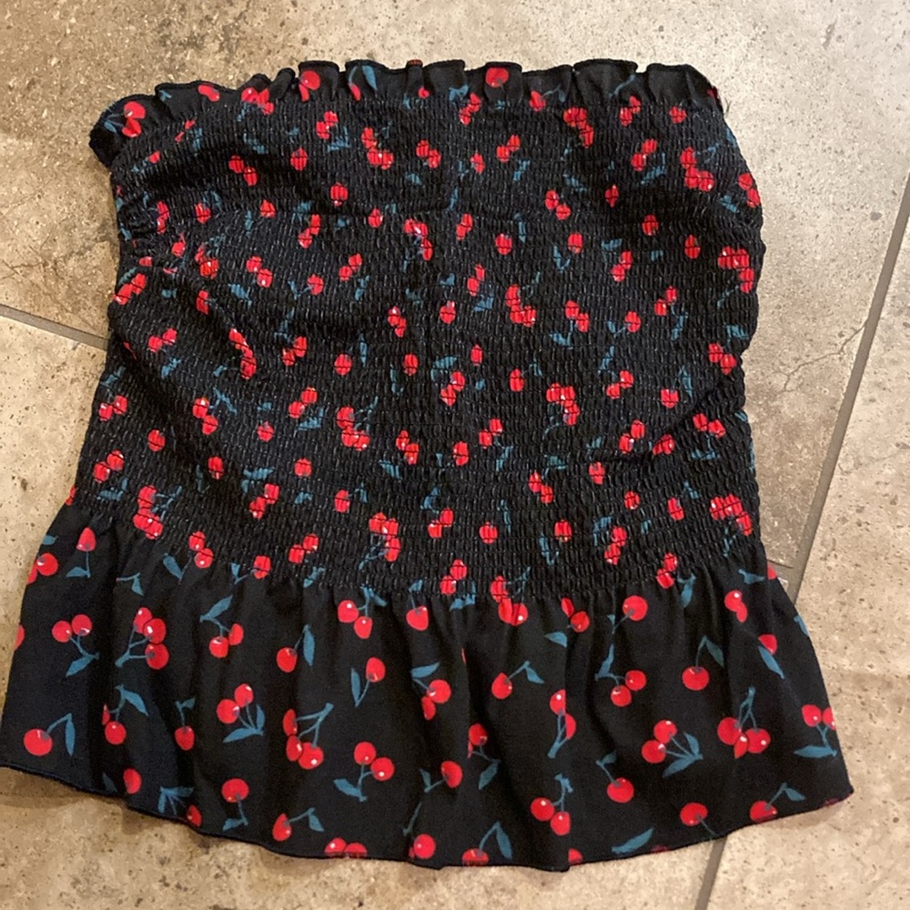 Small Smocked Strapless Crop Top - Black with Red Cherries - No Boundaries